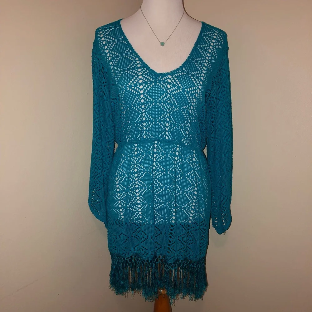 Sessa Turquoise Crochet Swimsuit Coverup w/Tassels,Size-Large - Picture 1 of 6